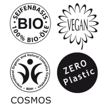 Lade das Bild in den Galerie-Viewer, Zertifizierungen: Seifenbaisis 100% Bio Öle, vegan, COSMOS zertifiziert, Zero plastic