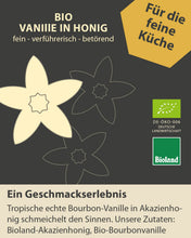 Lade das Bild in den Galerie-Viewer, Vanilleblütengrafik mit Biosiegeln, Beschreibung und Zutateninformation.
