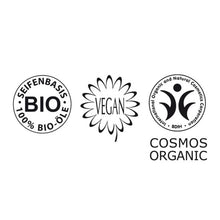 Lade das Bild in den Galerie-Viewer, 3 Siegel und Zertifizierungen: Seifenbasis 100% Bio-Öle, vegan, Cosmos Organic
