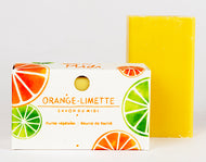 Karité-Seife Orange & Limette 100g – mit und ohne Verpackung, sonnig-gelb mit Zitrussduft